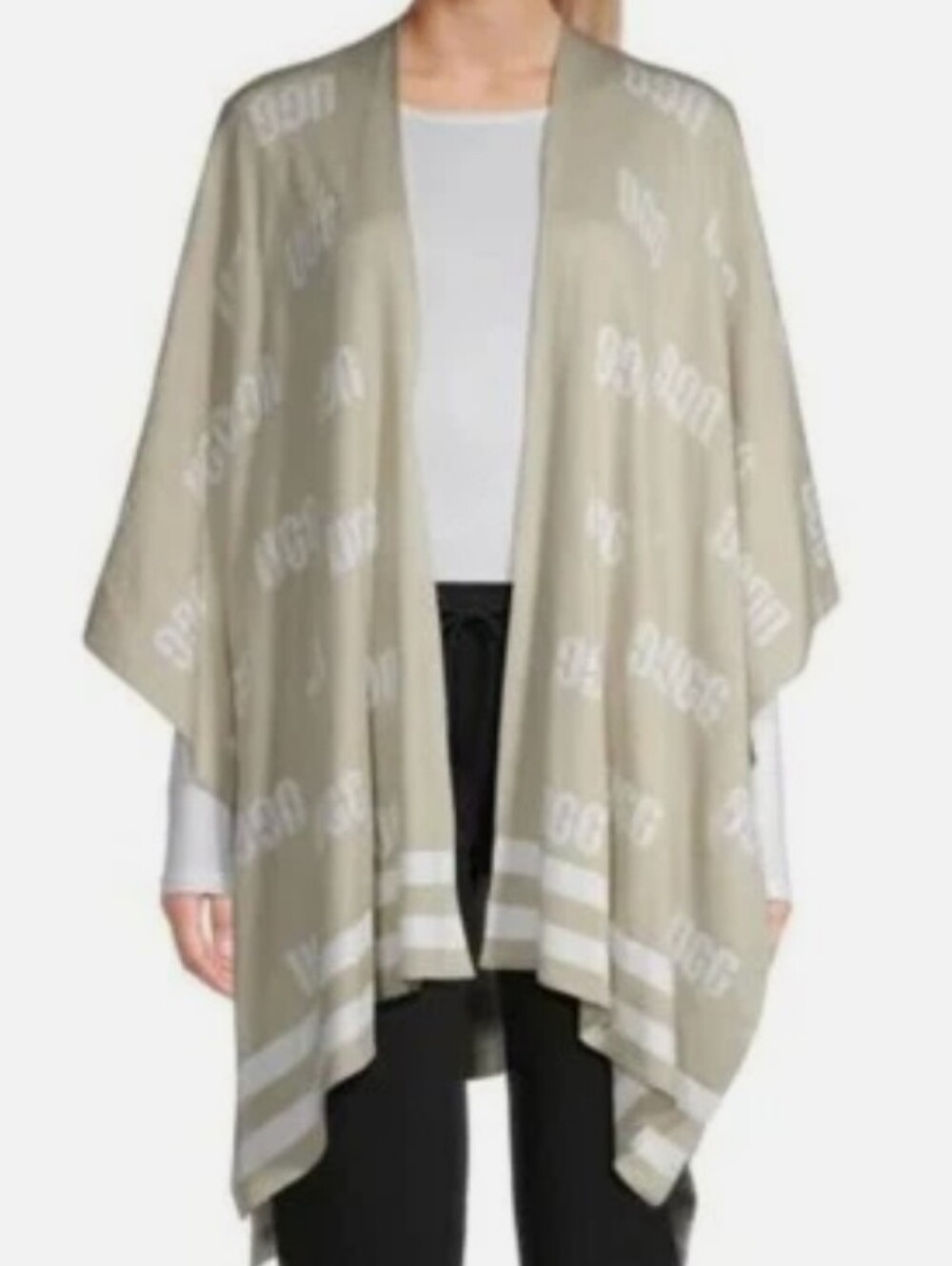 UGG GRAPHIC LOGO RUANA DRAPE PONCHO ONE SIZE SAND MULTI WOOL KNIT BLEND